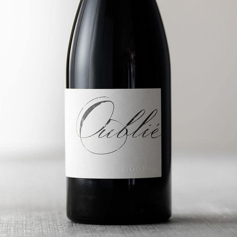 A bottle of 2019 Booker Wines Oublié GSM Paso Robles wine with a minimalist label design.