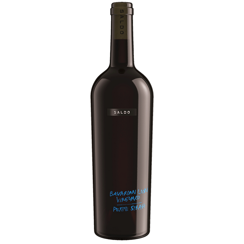 A dark glass bottle of SALDO Bavarian Lion Vineyard Petite Sirah wine on a solid white background.