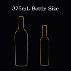 A black graphic with white text reading '375mL Bottle Size' above two simple bottle outline drawings, one larger and one smaller, outlined in gold.