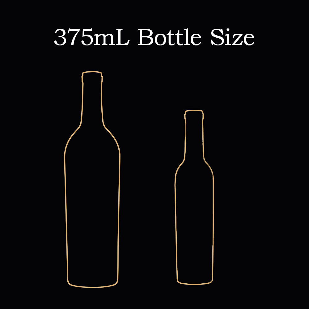 A black graphic with white text reading '375mL Bottle Size' above two simple bottle outline drawings, one larger and one smaller, outlined in gold.