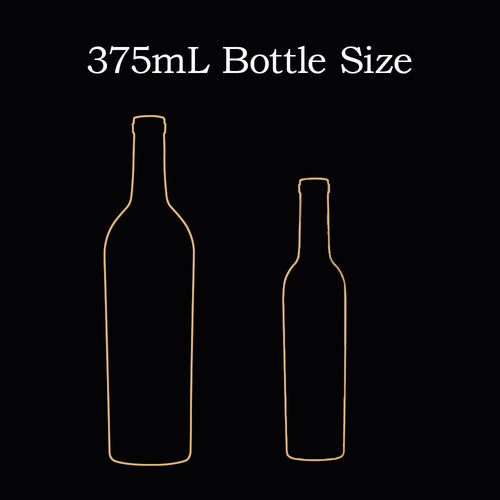A black graphic with white text reading '375mL Bottle Size' above two simple bottle outline drawings, one larger and one smaller, outlined in gold.