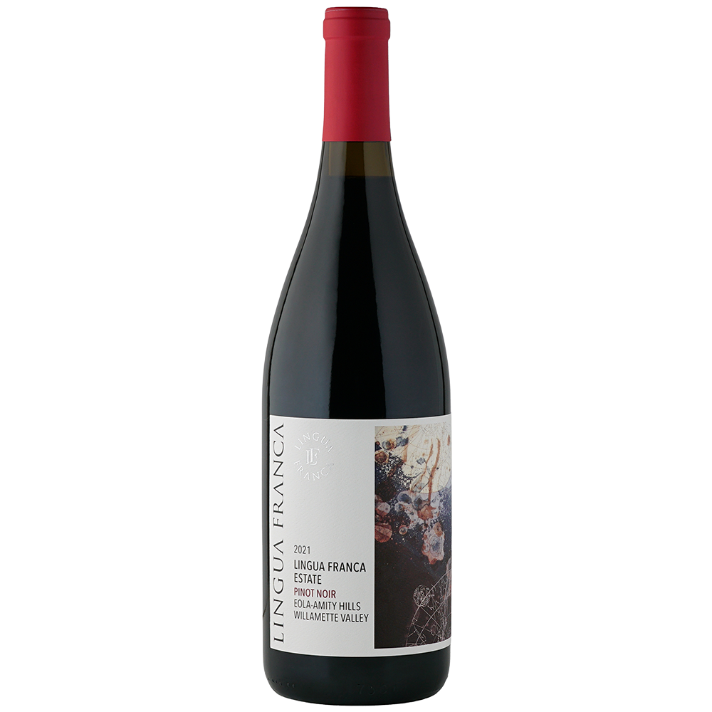 A bottle of Lingua Franca Estate Pinot Noir, featuring a white label with a textured black and purple abstract design and a red foil top, set against a plain white background.