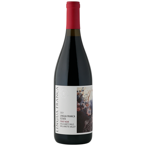 A bottle of Lingua Franca Estate Pinot Noir, featuring a white label with a textured black and purple abstract design and a red foil top, set against a plain white background.