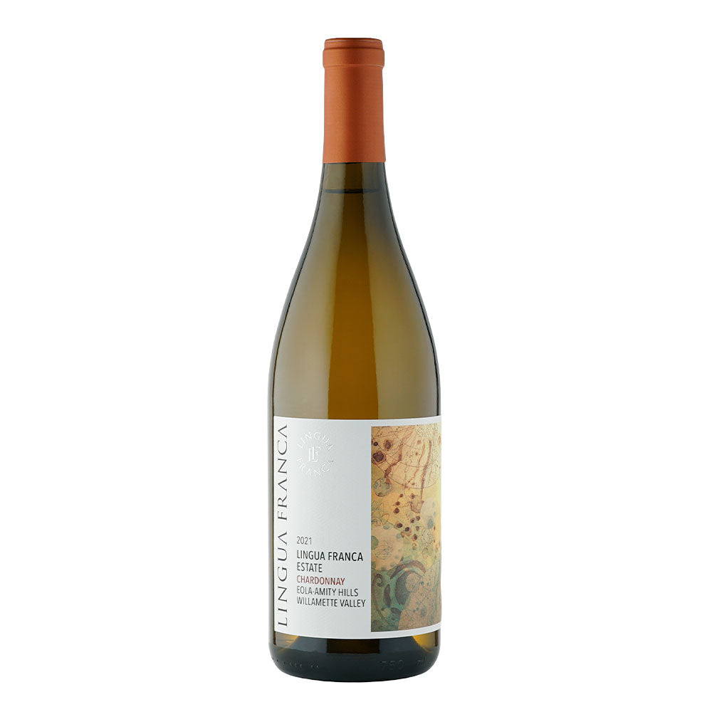 A bottle of Lingua Franca 2021 Estate Chardonnay, featuring a white label with a textured gold and green abstract design and an orange-brown foil top, set against a plain white background.