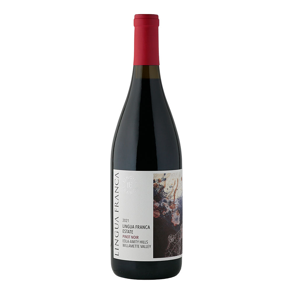 A bottle of Lingua Franca Pinot Noir from the Eola-Amity Hills, featuring a dark glass bottle with a red foil top and a white label with black text and a small abstract design.