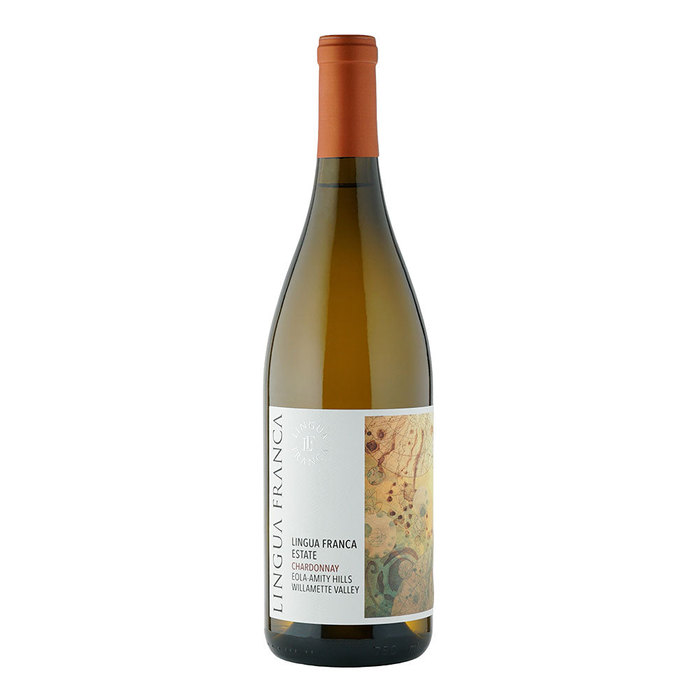 A bottle of Lingua Franca Estate Chardonnay, featuring a white label with a textured gold and green abstract design and an orange-brown foil top, set against a plain white background.