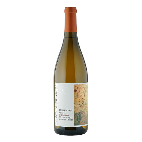 A bottle of Lingua Franca Estate Chardonnay, featuring a white label with a textured gold and green abstract design and an orange-brown foil top, set against a plain white background.