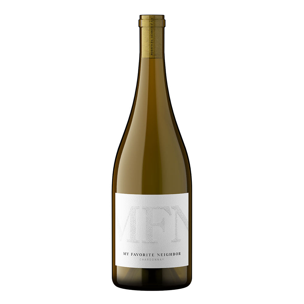 A bottle of My Favorite Neighbor Chardonnay against a solid white background. The bottle is made of dark olive-green glass with a white label featuring a subtle gray textured 'MFN' logo and black text.