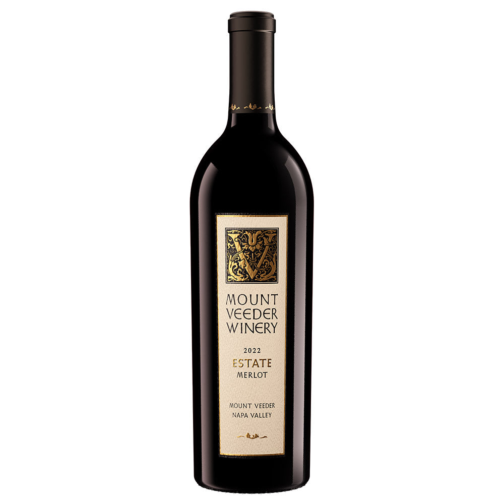 A bottle of Mount Veeder Winery 2022 Estate Merlot red wine, featuring a dark glass bottle with a beige and gold label, set against a plain white background.