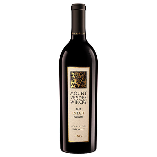 A bottle of Mount Veeder Winery 2022 Estate Merlot red wine, featuring a dark glass bottle with a beige and gold label, set against a plain white background.