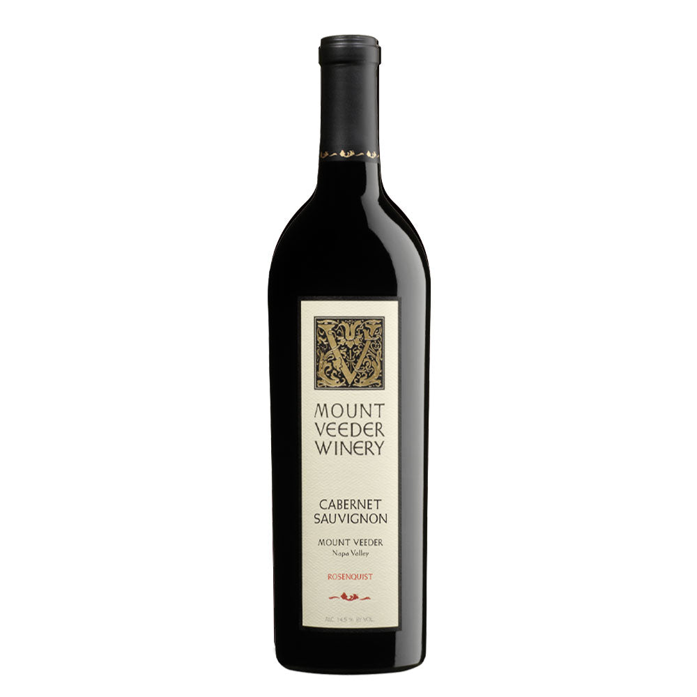 A bottle of Mount Veeder Winery Cabernet Sauvignon Rosenquist, featuring a dark glass bottle with a cream-colored label and a black capsule, set against a plain white background.