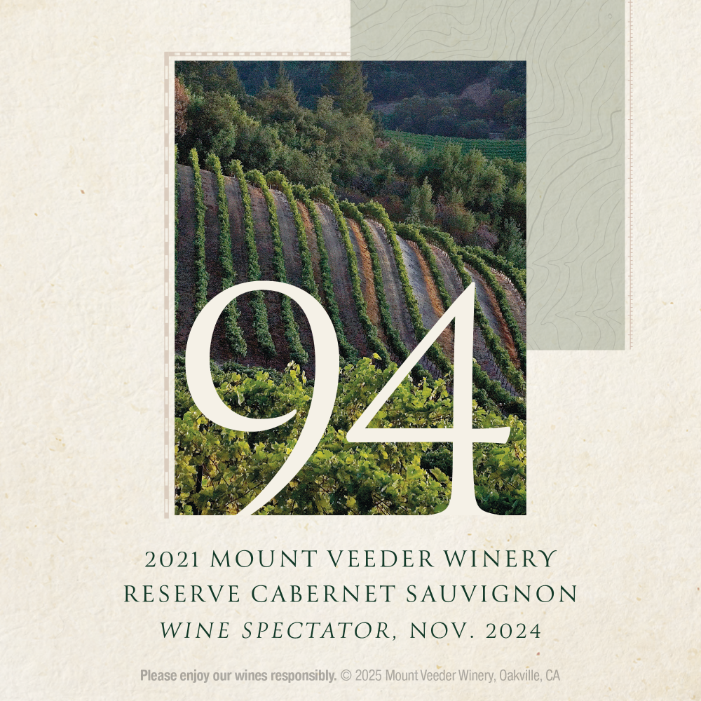 A square featuring a vineyard landscape photo with large white '94' text over it and "2021 Mount Veeder Winery Reserve Cabernet Sauvignon Wine Spectator, Nov. 2024" below on a textured cream background.