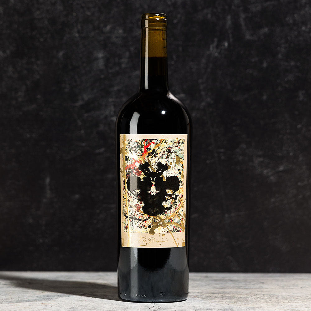 Wine bottle with an abstract label on a dark background