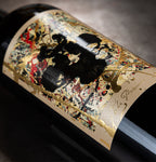 Close-up of a wine bottle label with artistic design and text.