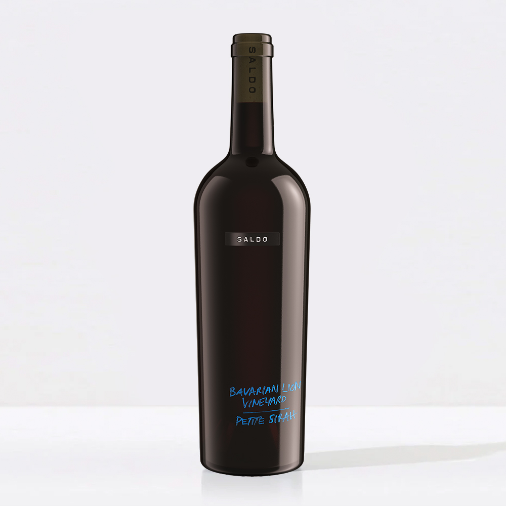Bottle of Saldo Bavarian Lion Vineyard Petite Sirah on a white background