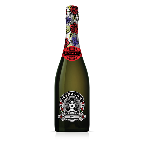 A bottle of Meralan Brut, label facing forward, on a blank background.